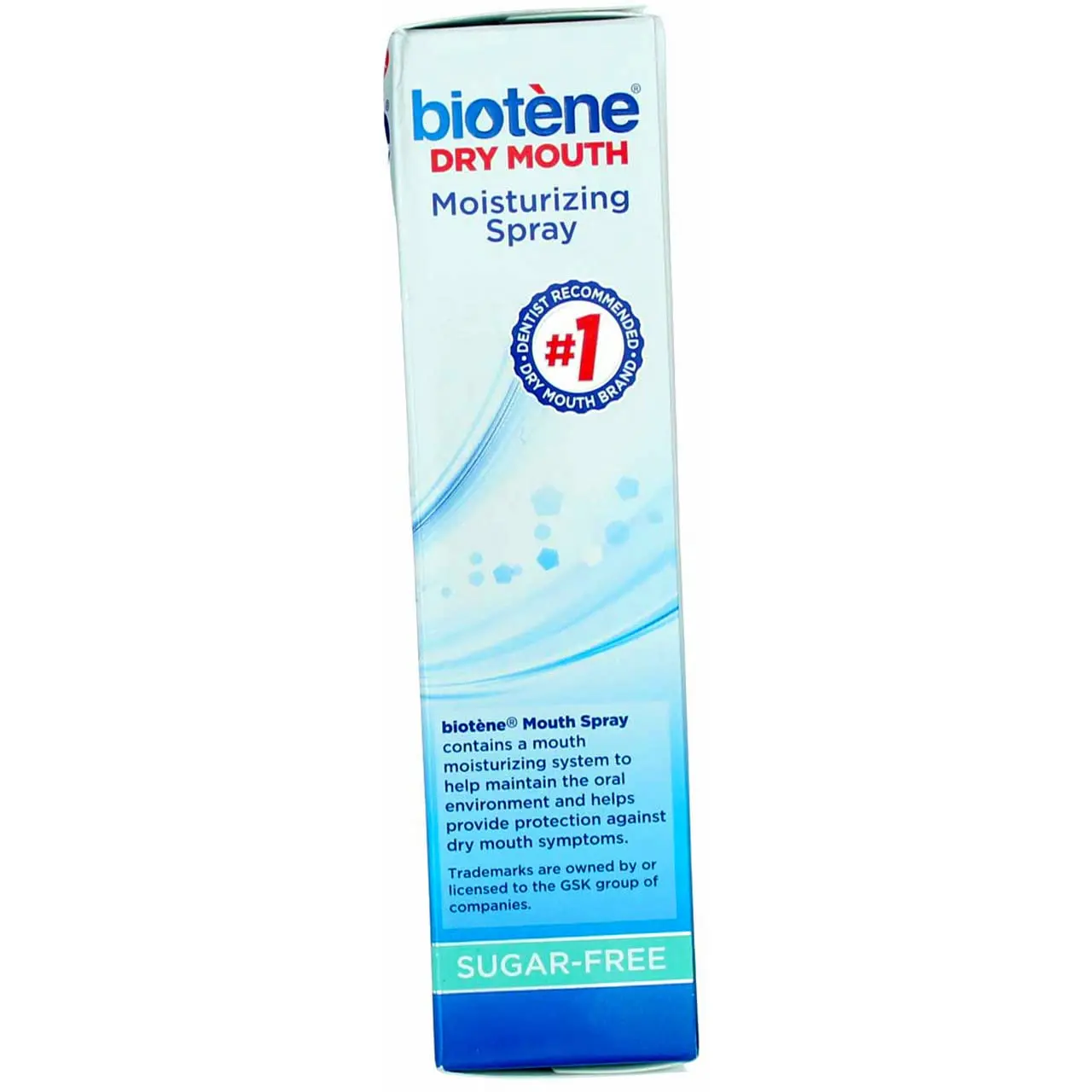 biotène Dry Mouth Spray moisturizes and soothes dry mouth while freshening breath with a gentle mint flavor in a convenient, portable size.