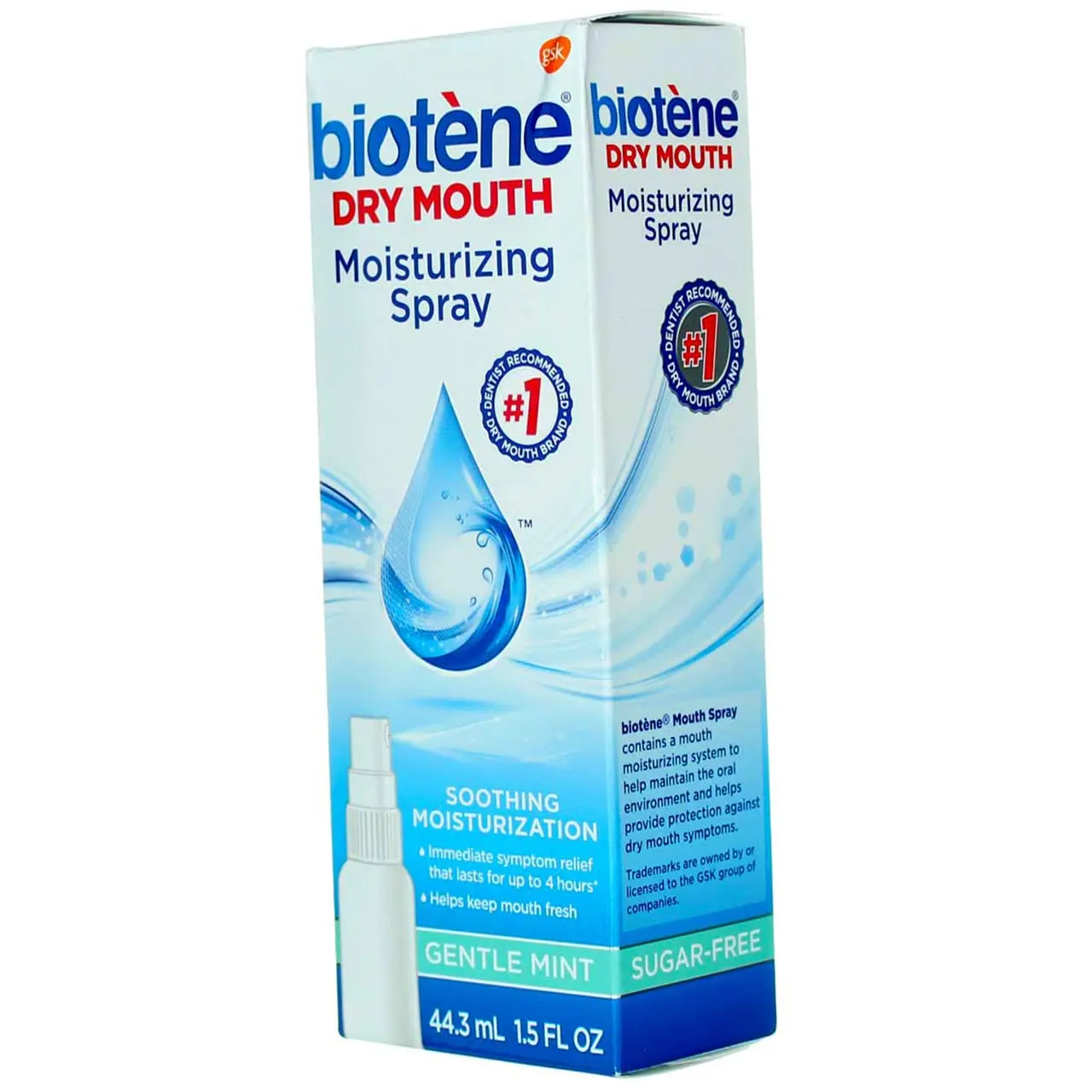 Two bottles of Biotene moisturizing mouth spray with gentle mint flavor for dry mouth relief and fresh breath.