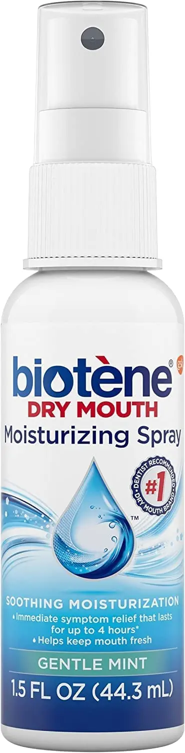 A 1.5 fluid ounce bottle of Biotène gentle mint moisturizing mouth spray, sugar-free, for dry mouth and fresh breath.