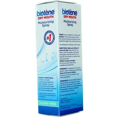 Two bottles of Biotene moisturizing mouth spray with gentle mint flavor for dry mouth relief and fresh breath.