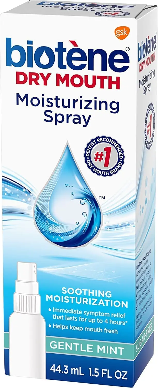 A 1.5 fluid ounce bottle of Biotène gentle mint moisturizing mouth spray, sugar-free, for dry mouth and fresh breath.