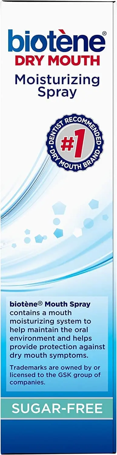 A 1.5 fluid ounce bottle of Biotène gentle mint moisturizing mouth spray, sugar-free, for dry mouth and fresh breath.