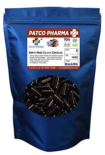 A pack of one thousand size 0 black empty gelatin capsules, perfect for filling with up to 650mg of your own powders.