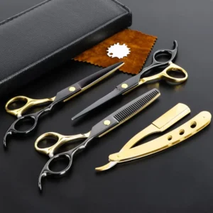 This black gold hair cutting set includes two flat shears, one teeth shear, a golden razor, adjustment screw, cleaning cloth and a leather bag for professional hairdressing and barber use.