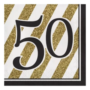 A 16-count package of black and gold 2-ply paper luncheon napkins perfect for a 50th birthday party.