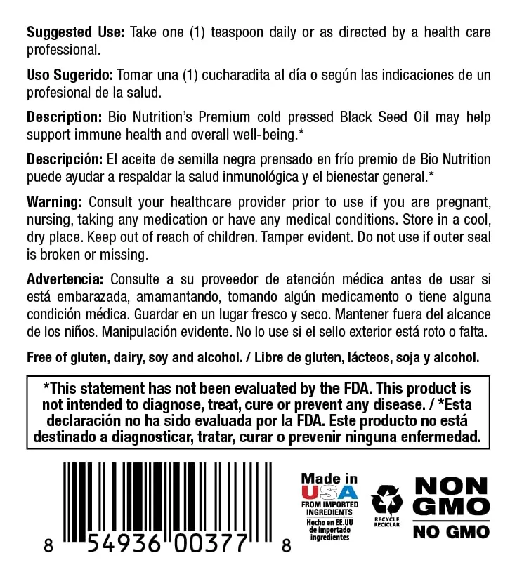 Bio Nutrition Black Seed Oil - Cold Pressed 8oz - Image 3