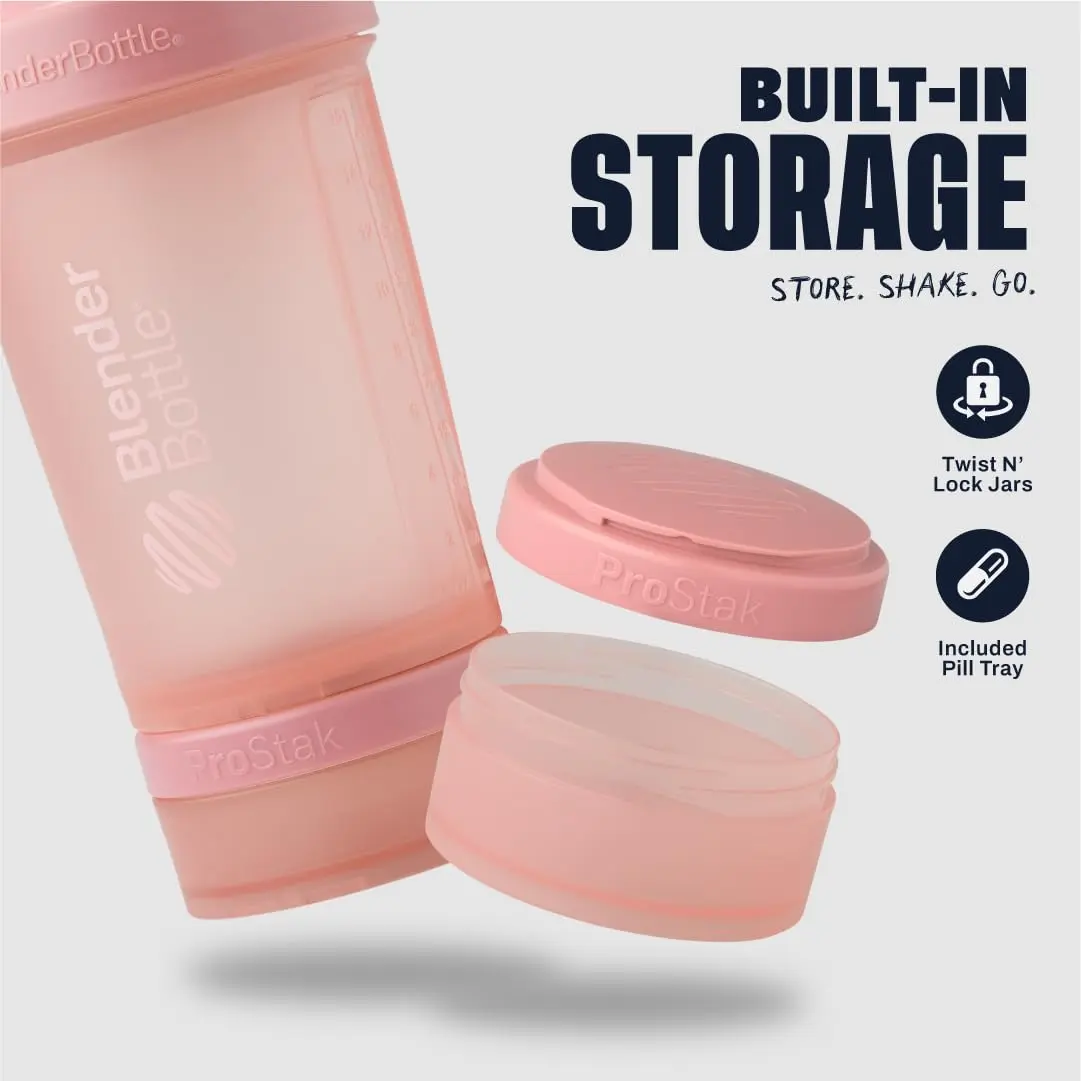 Rose pink BlenderBottle ProStak shaker bottle with pill organizer and powder storage for protein mixes.