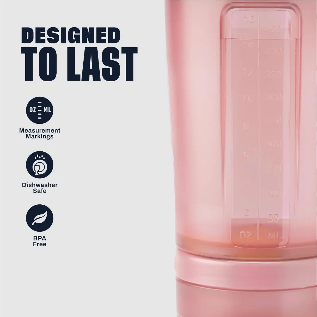 Rose pink BlenderBottle ProStak shaker bottle with pill organizer and powder storage for protein mixes.