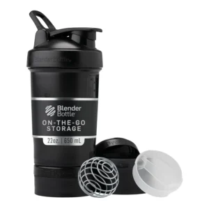 Midnight black BlenderBottle ProStak system with pill organizer and storage jars for protein powder and supplements.