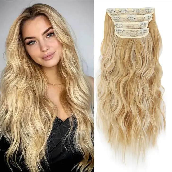 This long wavy blonde wig for women features a middle part and natural look, made with high-temperature synthetic hair for comfortable, all-day wear and versatile styling.