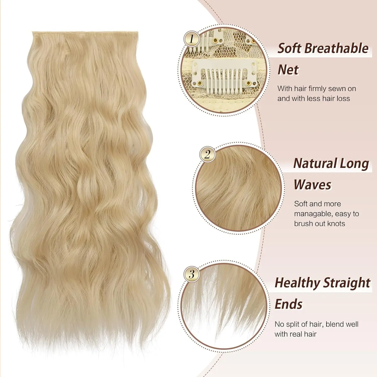This long wavy blonde wig for women features a middle part and natural look, made with high-temperature synthetic hair for comfortable, all-day wear and versatile styling.