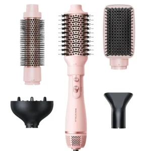 Pink 5-in-1 hot air brush set with interchangeable heads for creating curls, volume, straightening, and smooth styles.