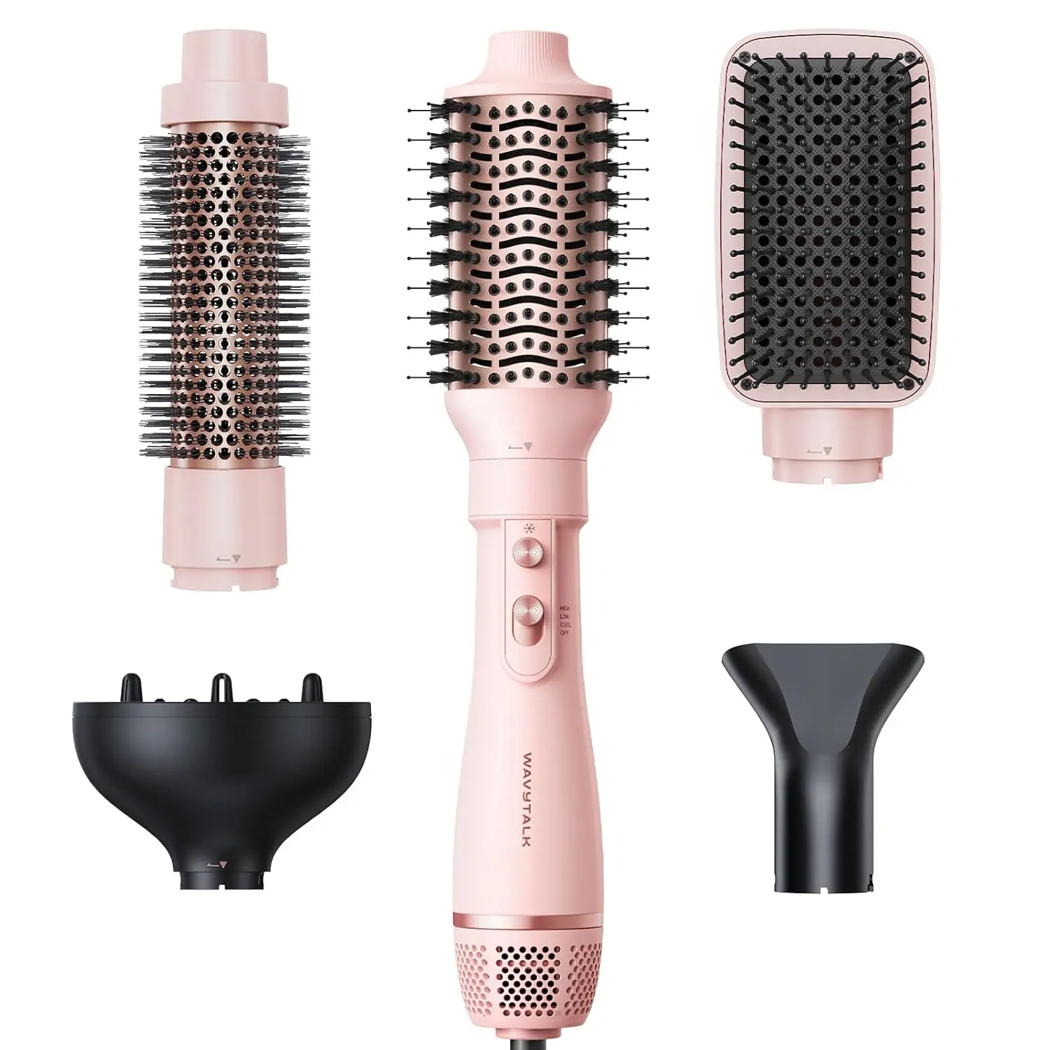 Pink 5-in-1 hot air brush set with interchangeable heads for creating curls, volume, straightening, and smooth styles.