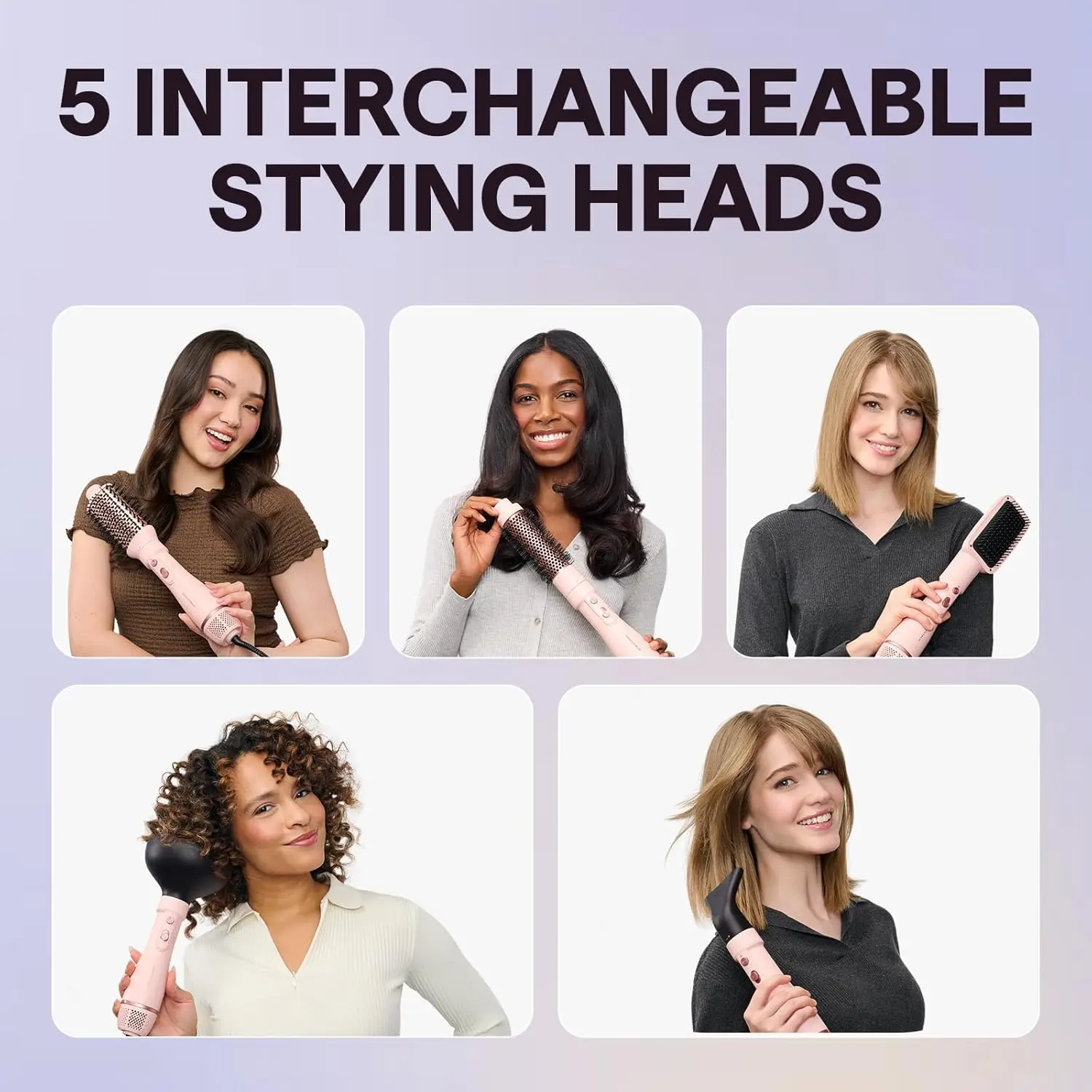 Pink 5-in-1 hot air brush set with interchangeable heads for creating curls, volume, straightening, and smooth styles.