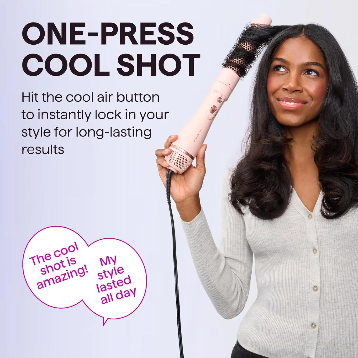 Pink 5-in-1 hot air brush set with interchangeable heads for creating curls, volume, straightening, and smooth styles.