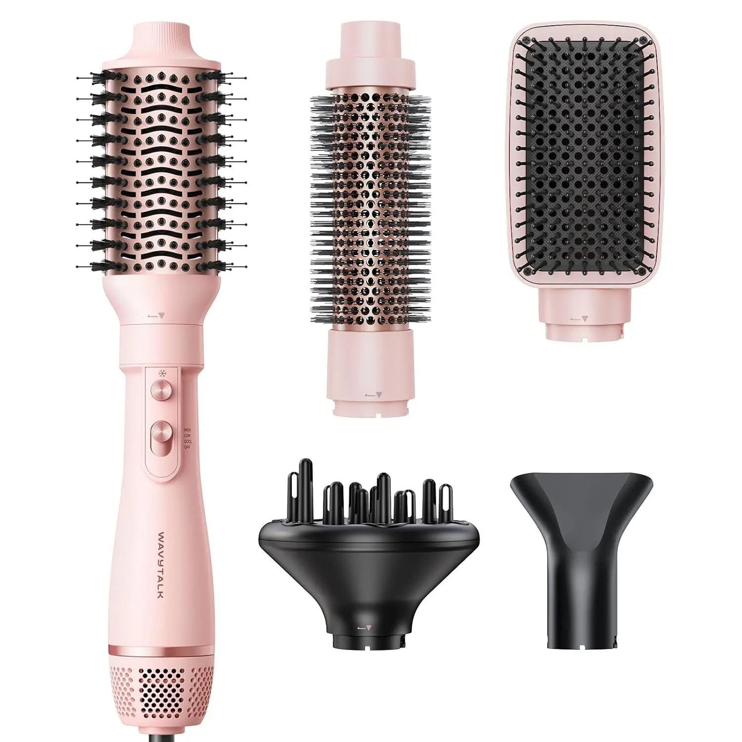 Pink 5-in-1 hot air brush set with interchangeable heads for creating curls, volume, straightening, and smooth styles.