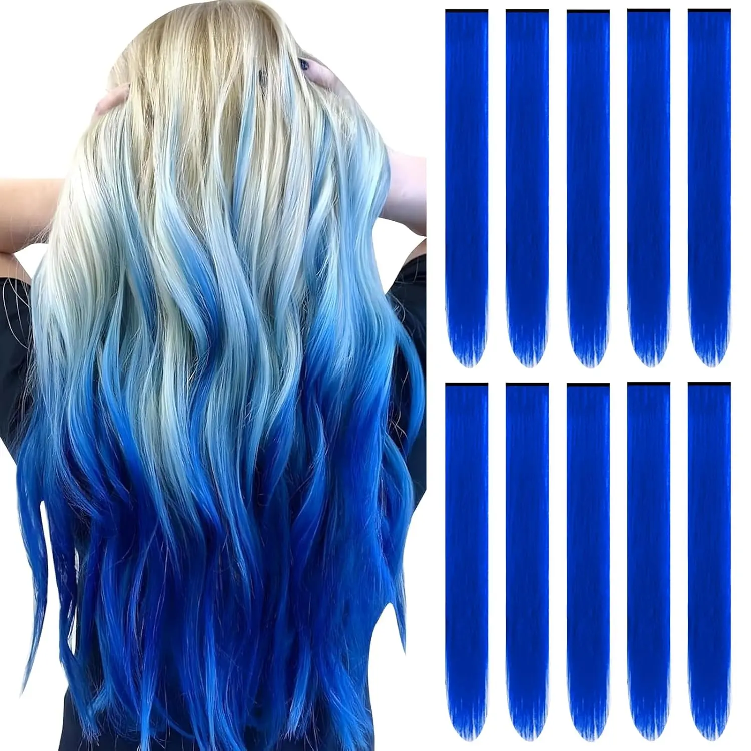Ten blue clip in hair extensions made of heat-resistant synthetic fiber for adding colorful highlights to your hair for parties, cosplay, and Halloween costumes.