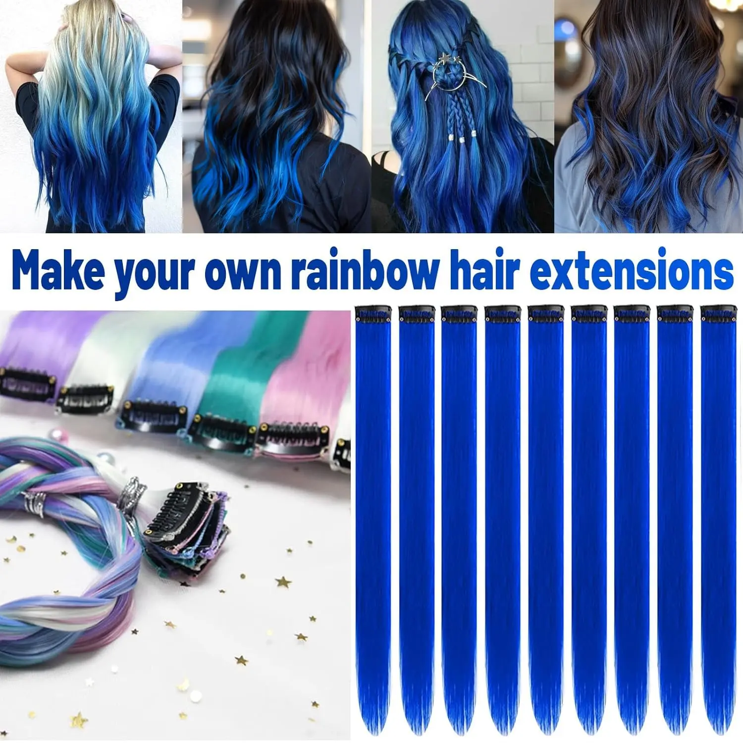 Ten blue clip in hair extensions made of heat-resistant synthetic fiber for adding colorful highlights to your hair for parties, cosplay, and Halloween costumes.