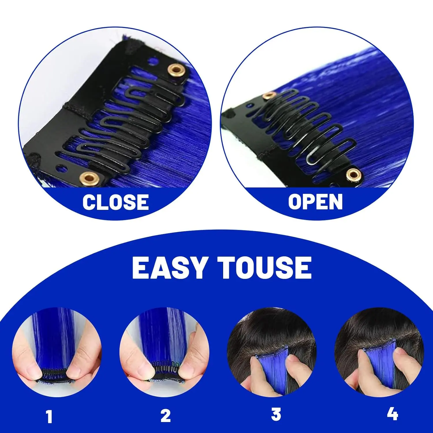 Ten blue clip in hair extensions made of heat-resistant synthetic fiber for adding colorful highlights to your hair for parties, cosplay, and Halloween costumes.
