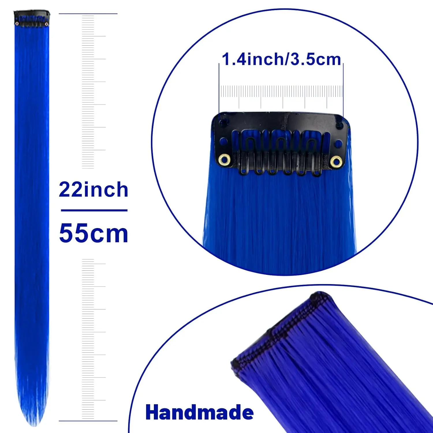 Ten blue clip in hair extensions made of heat-resistant synthetic fiber for adding colorful highlights to your hair for parties, cosplay, and Halloween costumes.