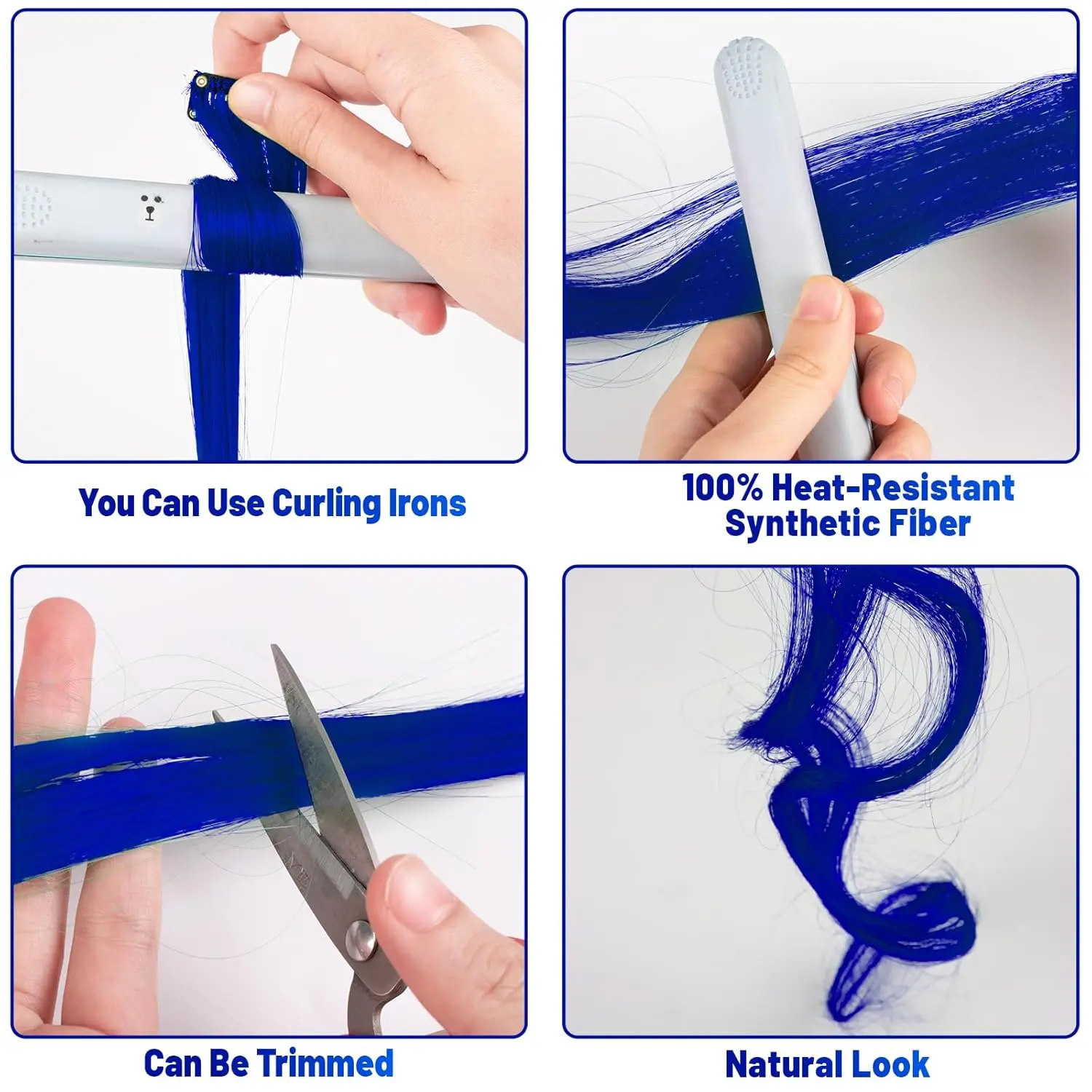 Ten blue clip in hair extensions made of heat-resistant synthetic fiber for adding colorful highlights to your hair for parties, cosplay, and Halloween costumes.