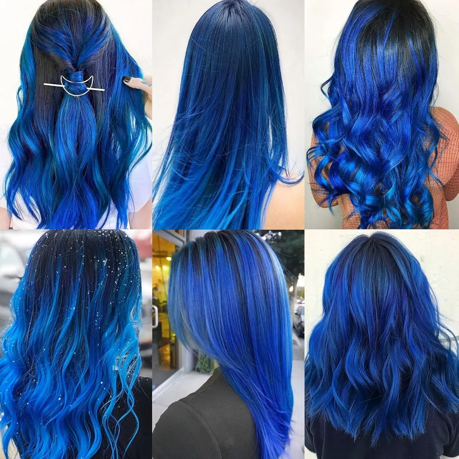 Ten blue clip in hair extensions made of heat-resistant synthetic fiber for adding colorful highlights to your hair for parties, cosplay, and Halloween costumes.