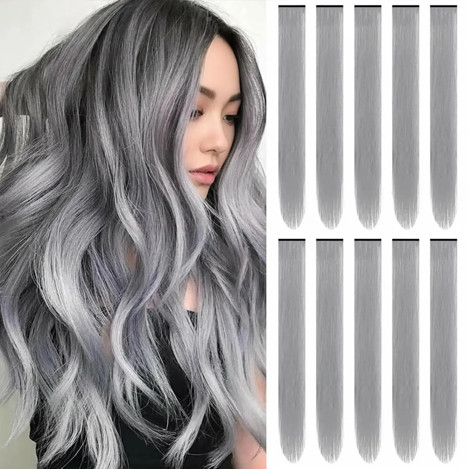 Ten blue clip in hair extensions made of heat-resistant synthetic fiber for adding colorful highlights to your hair for parties, cosplay, and Halloween costumes.