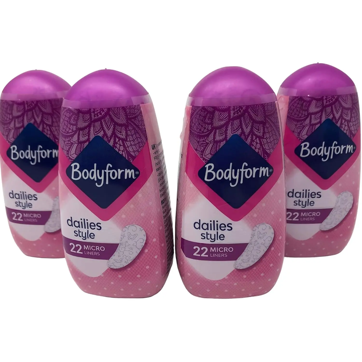 A multipack of Bodyform Dailies Style panty liners containing 4 packs with 22 discreet liners in each, totaling 88 panty liners for women.