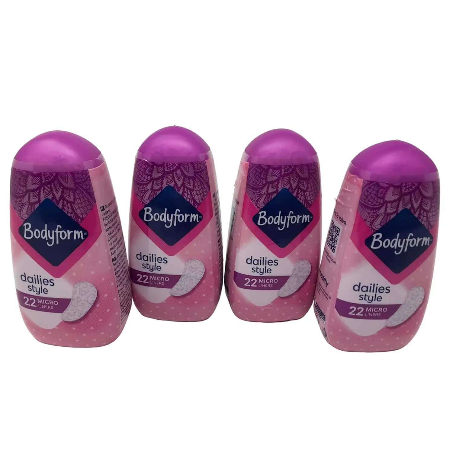 A multipack of Bodyform Dailies Style panty liners containing 4 packs with 22 discreet liners in each, totaling 88 panty liners for women.