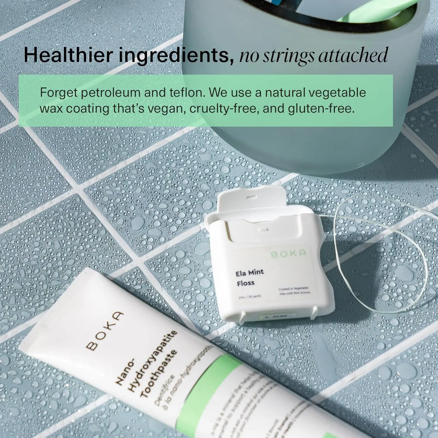 Boka Ela mint dental floss made with natural vegetable wax effectively cleans between teeth leaving gums fresh.