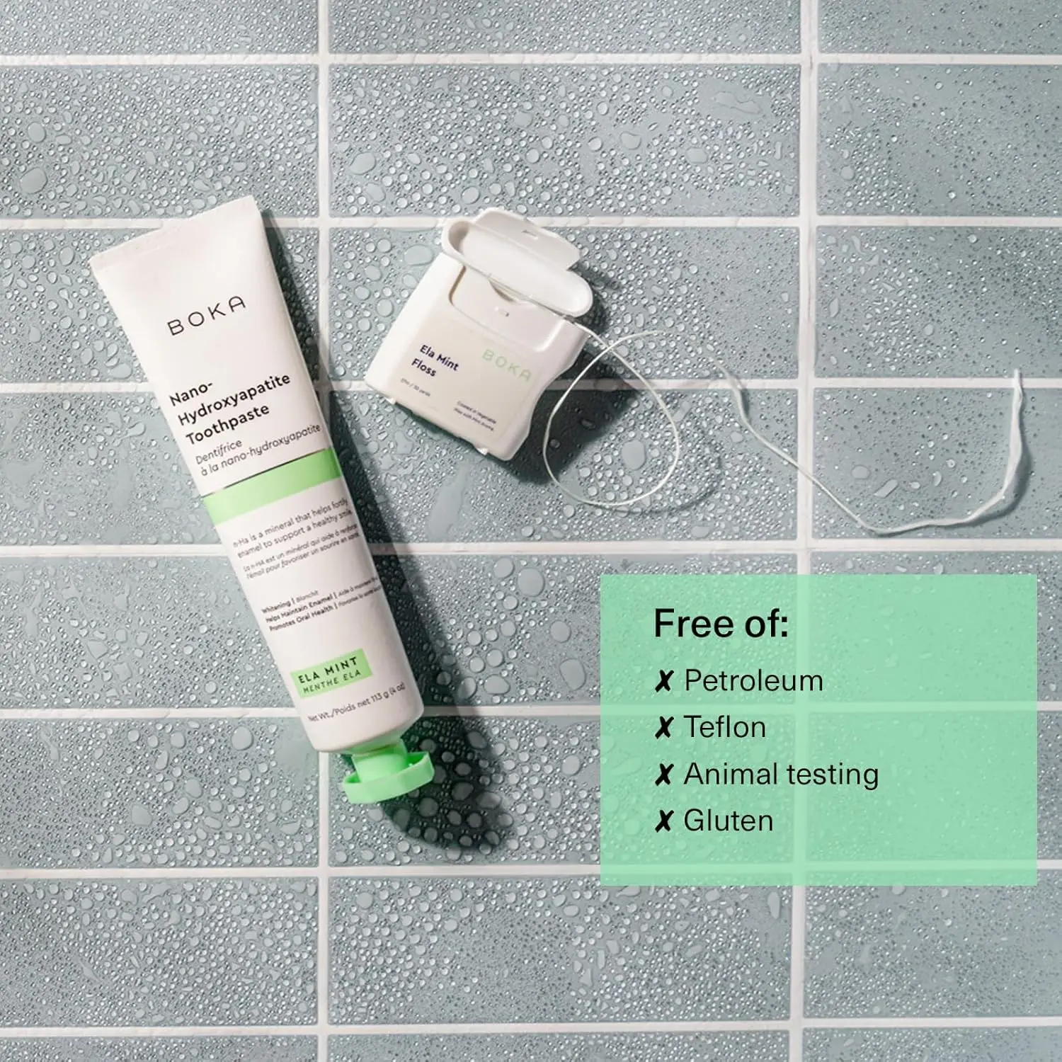 Boka Ela mint dental floss made with natural vegetable wax effectively cleans between teeth leaving gums fresh.