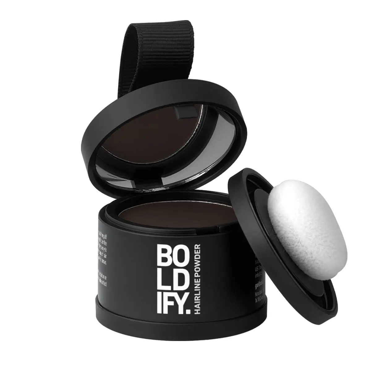 BOLDIFY Dark Brown Hairline Powder instantly conceals hair loss, fills in receding hairlines and wide parts on both hair and beard for up to 48 hours without stains.