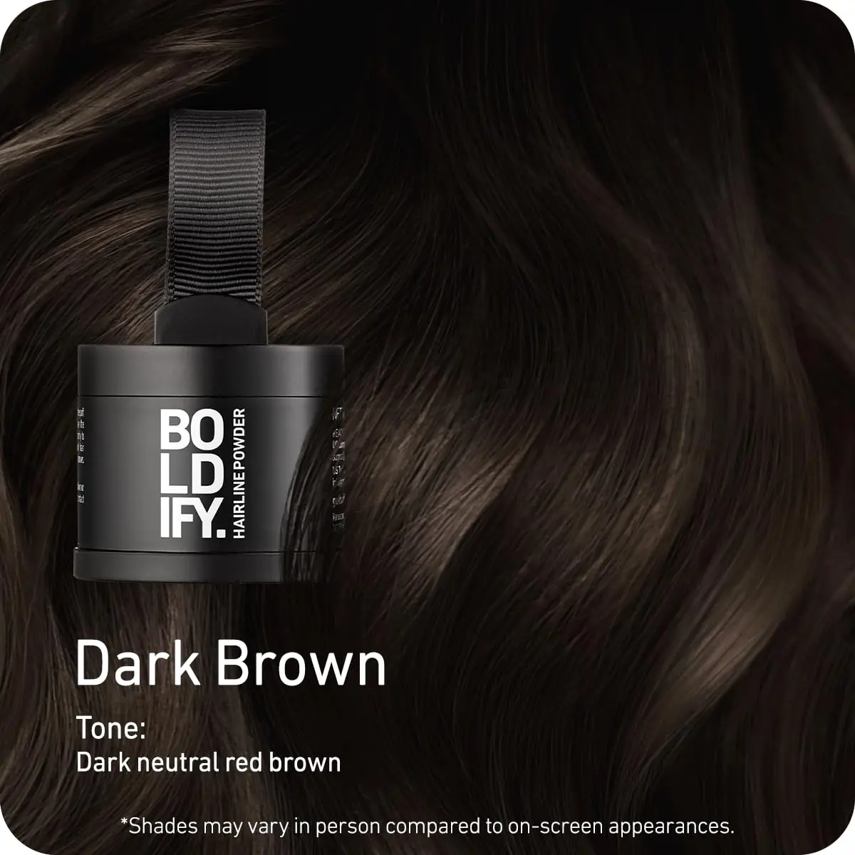 BOLDIFY Dark Brown Hairline Powder instantly conceals hair loss, fills in receding hairlines and wide parts on both hair and beard for up to 48 hours without stains.