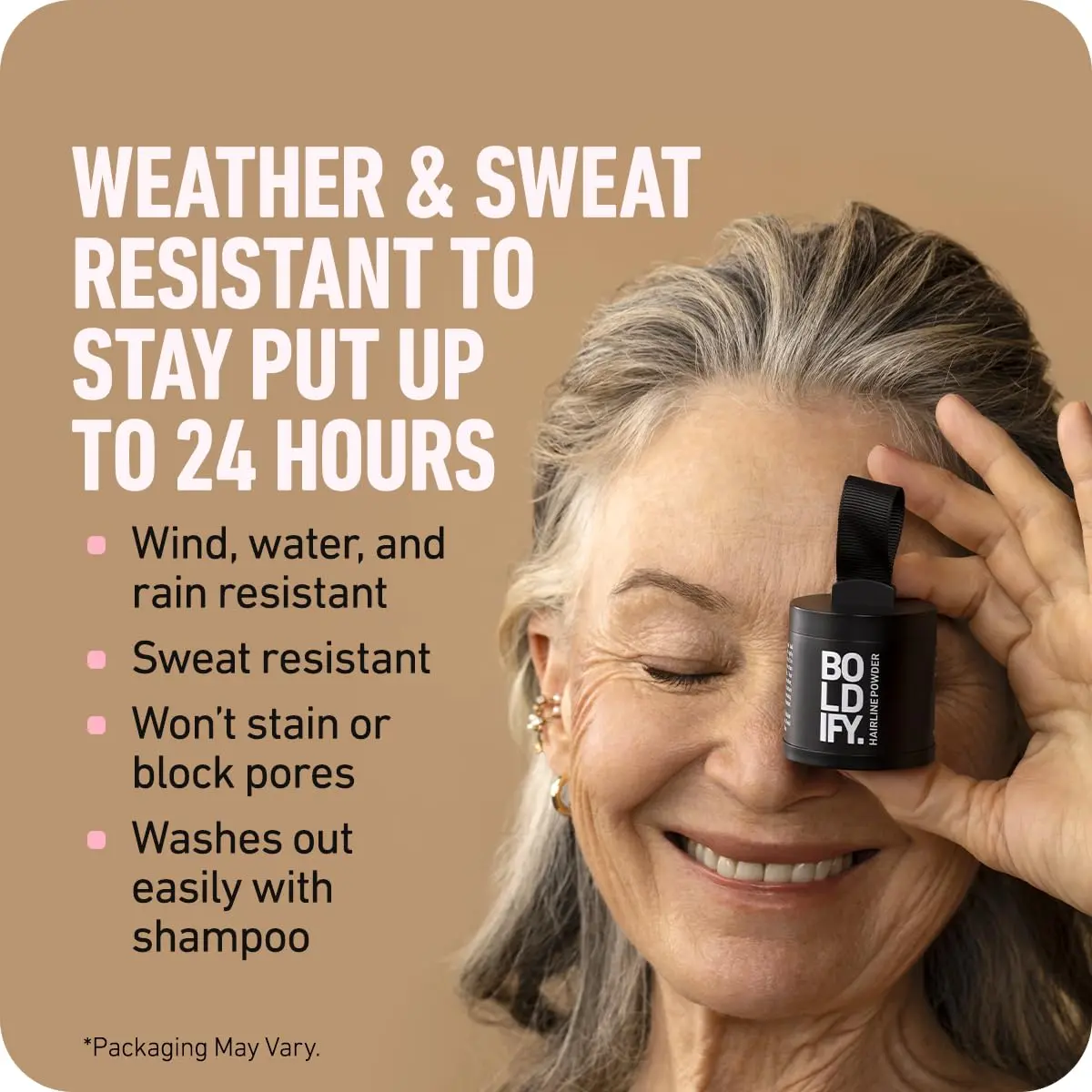 BOLDIFY Dark Brown Hairline Powder instantly conceals hair loss, fills in receding hairlines and wide parts on both hair and beard for up to 48 hours without stains.