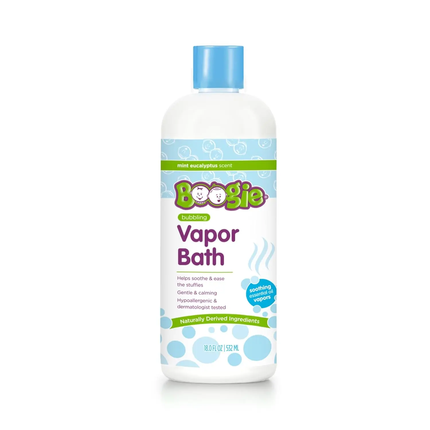 Boogie Kids eucalyptus bubble bath powder with soothing vapors made with plant and oat extracts.