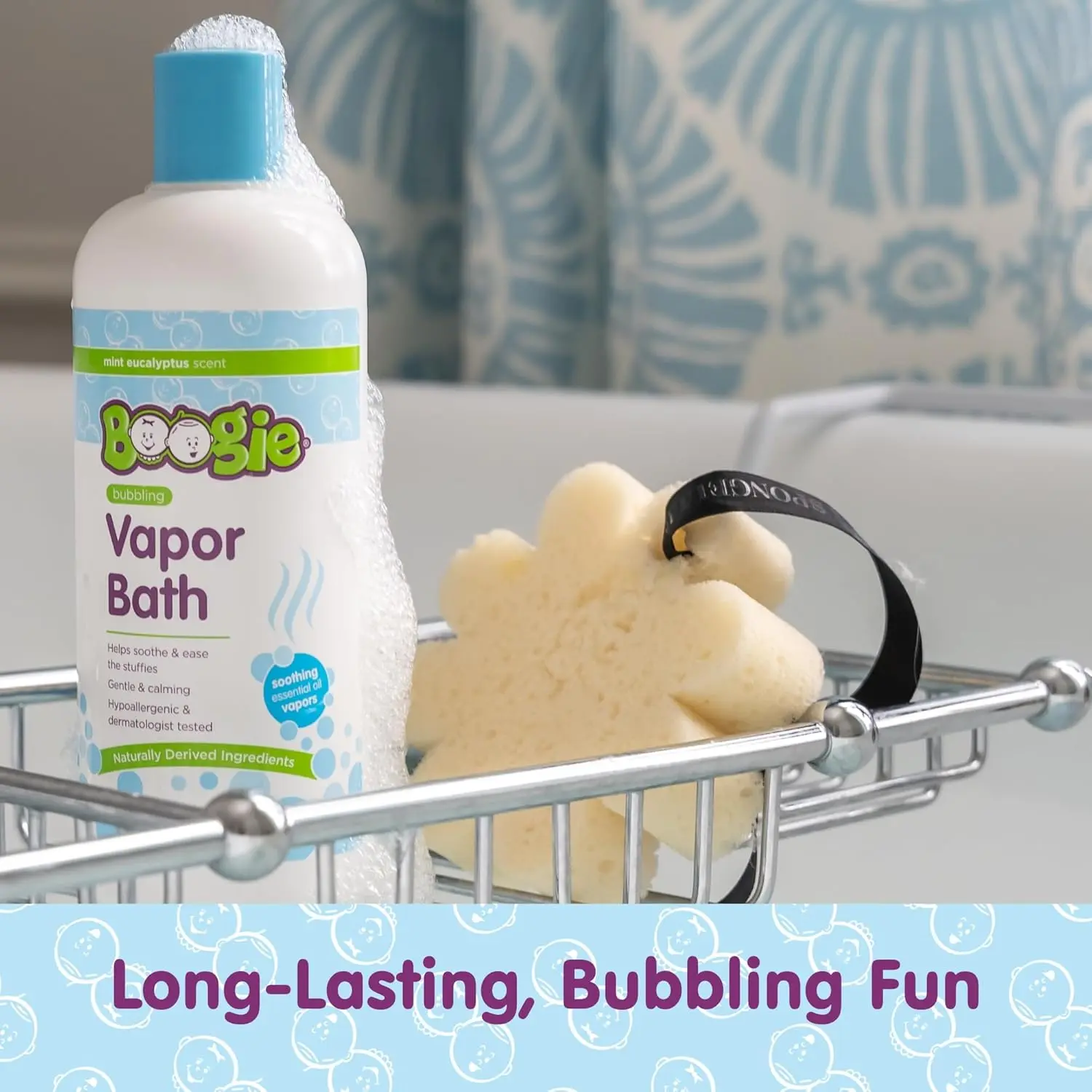Boogie Kids eucalyptus bubble bath powder with soothing vapors made with plant and oat extracts.