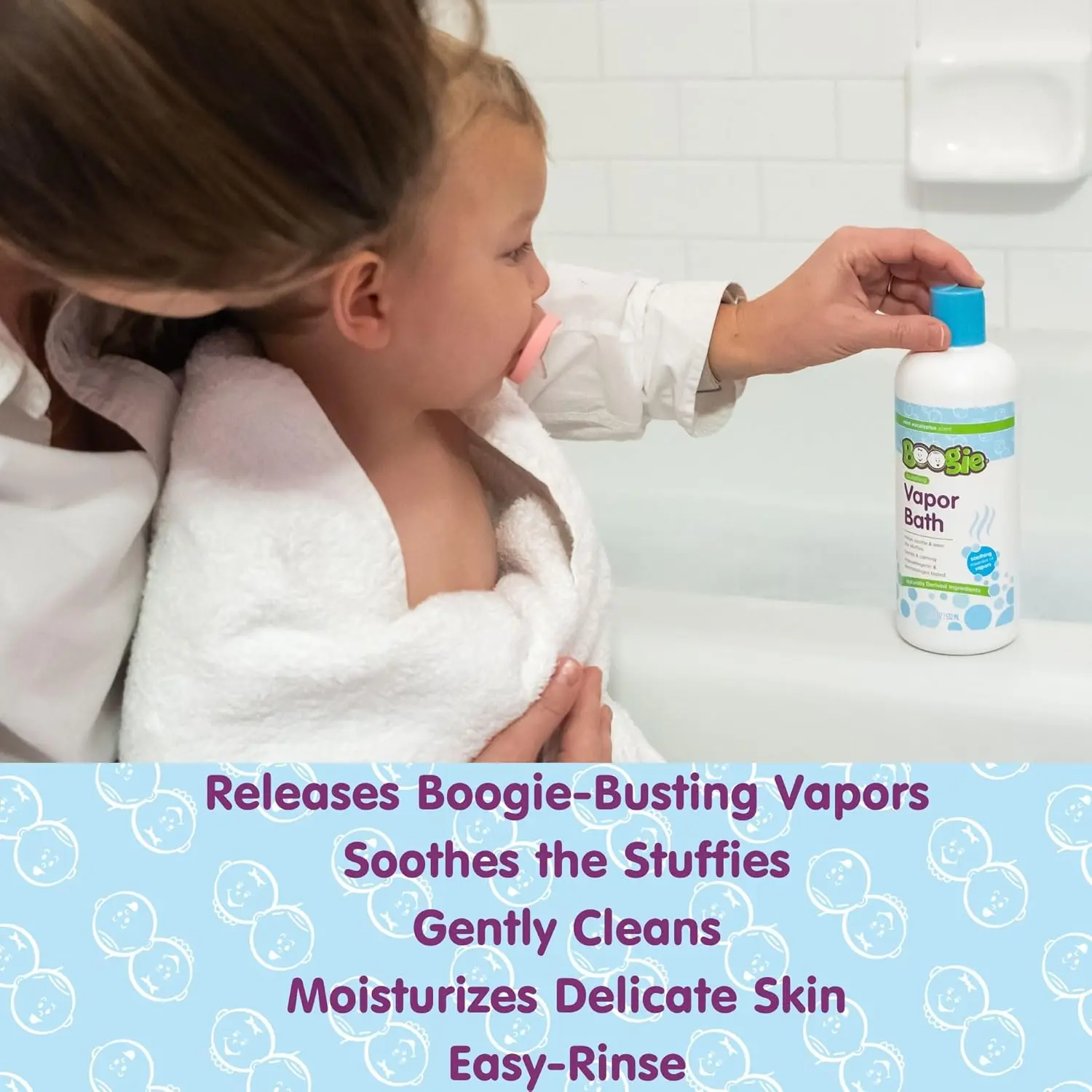 Boogie Kids eucalyptus bubble bath powder with soothing vapors made with plant and oat extracts.