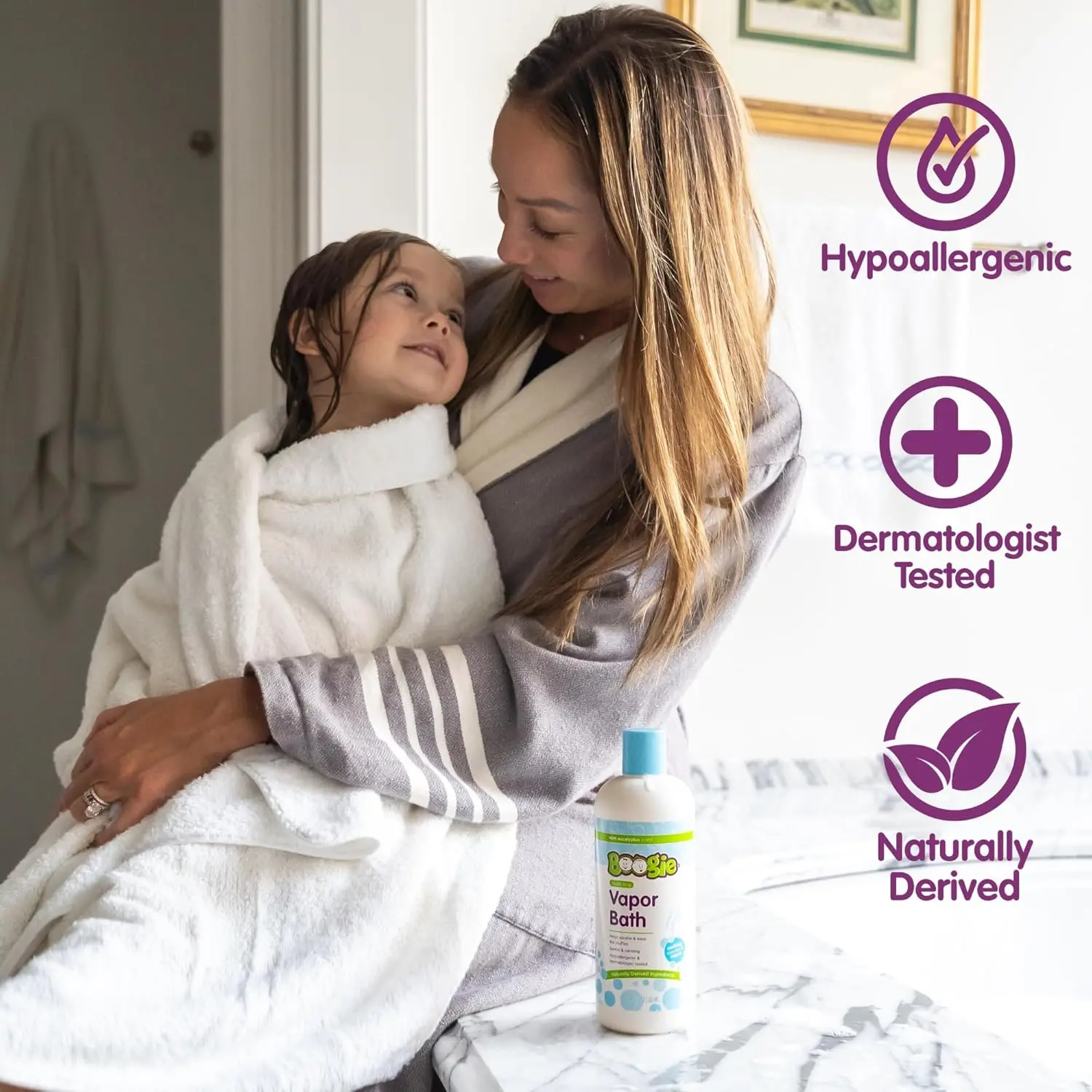 Boogie Kids eucalyptus bubble bath powder with soothing vapors made with plant and oat extracts.