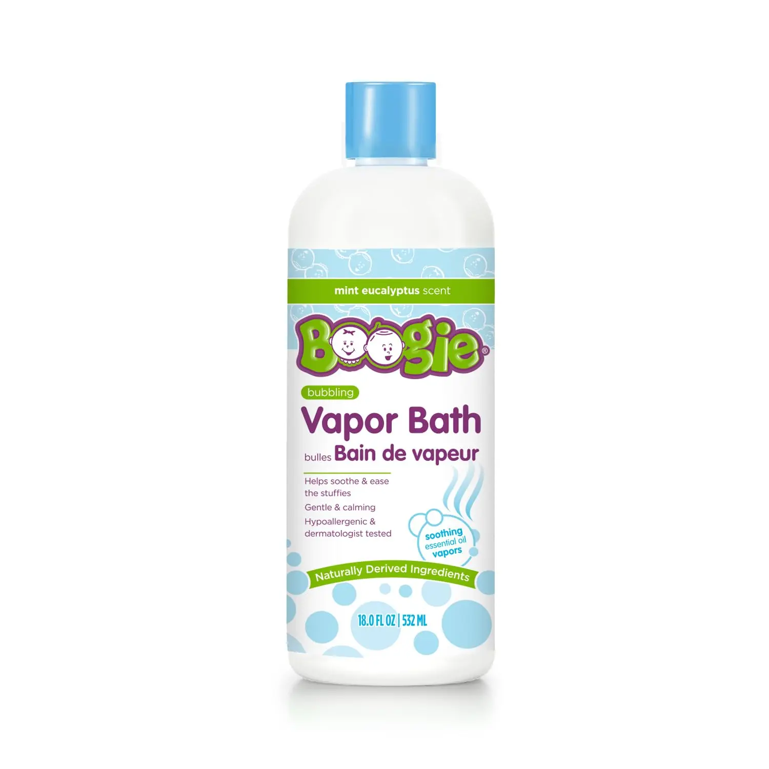 Boogie Kids eucalyptus bubble bath powder with soothing vapors made with plant and oat extracts.