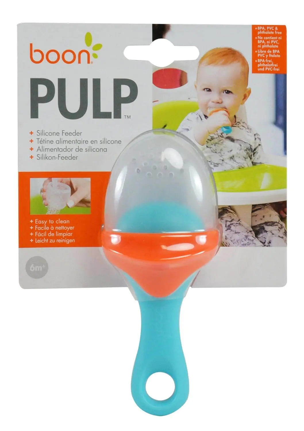 The Boon Pulp baby feeder allows infants and toddlers to safely self-feed on fruits and vegetables while providing soothing teething relief.