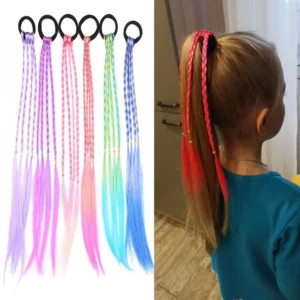 Set of 12 colorful braided hair extensions with elastic bands, perfect for adding a playful touch to kids' ponytails and cosplay hairstyles.