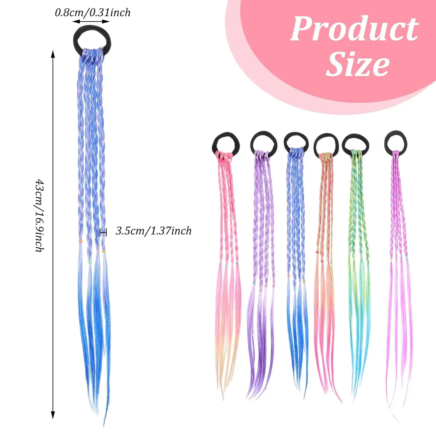 Set of 12 colorful braided hair extensions with elastic bands, perfect for adding a playful touch to kids' ponytails and cosplay hairstyles.
