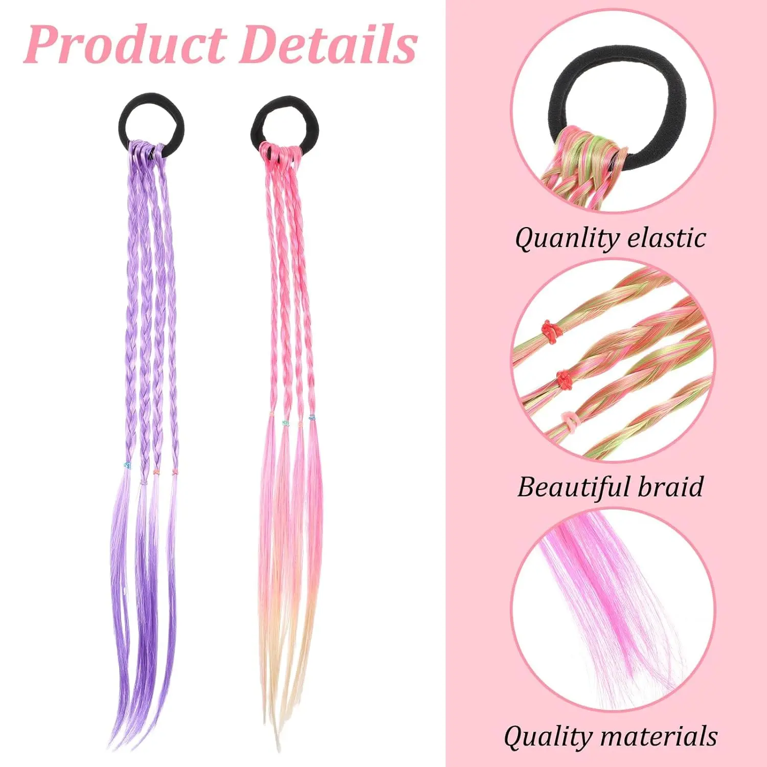 Set of 12 colorful braided hair extensions with elastic bands, perfect for adding a playful touch to kids' ponytails and cosplay hairstyles.