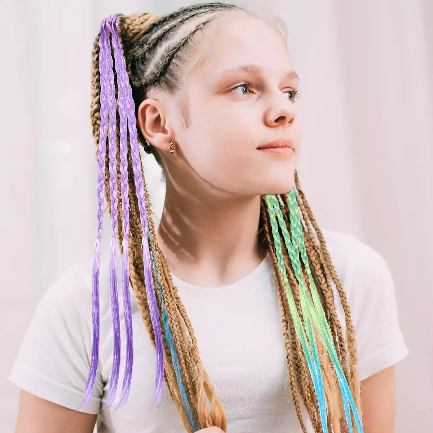 Set of 12 colorful braided hair extensions with elastic bands, perfect for adding a playful touch to kids' ponytails and cosplay hairstyles.