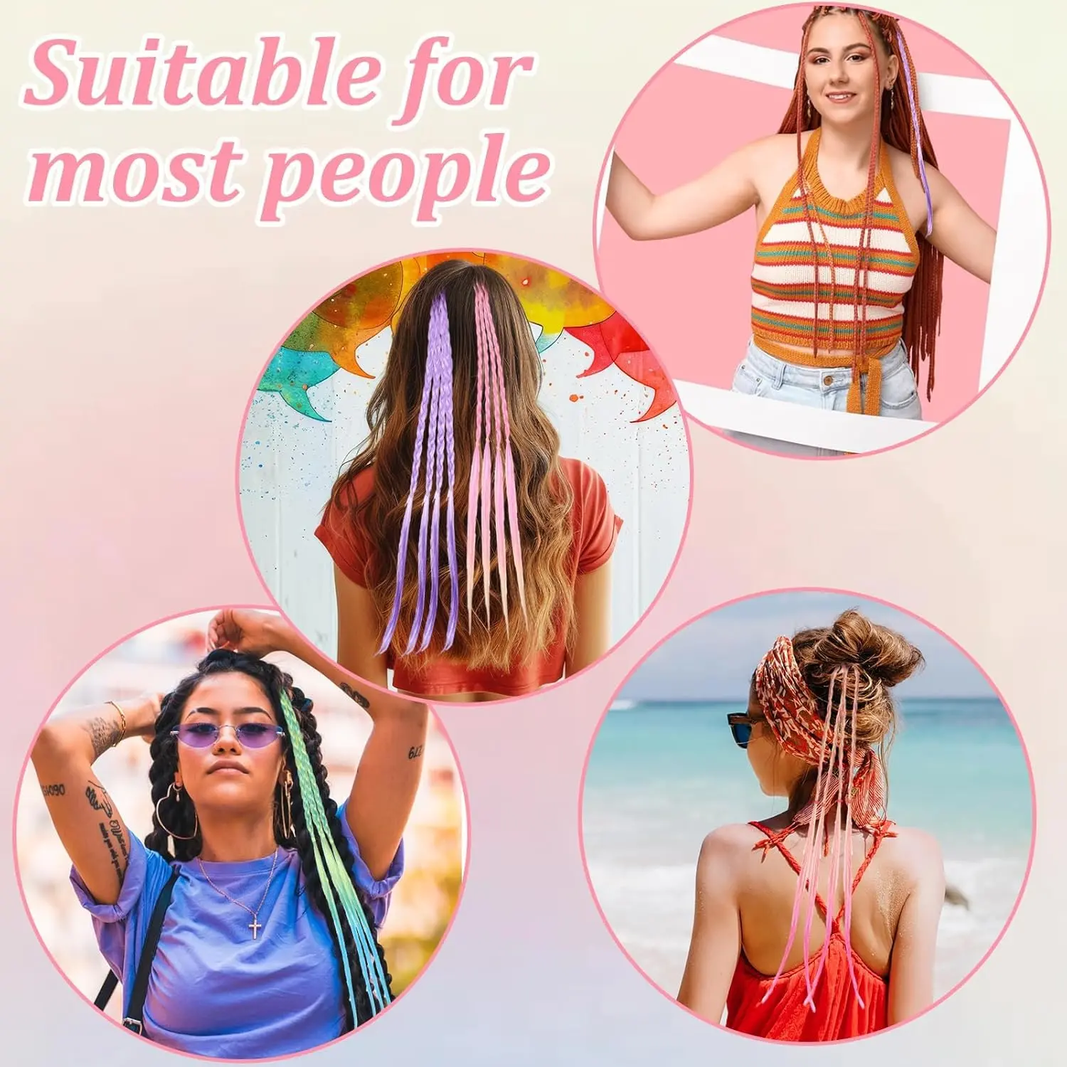 Set of 12 colorful braided hair extensions with elastic bands, perfect for adding a playful touch to kids' ponytails and cosplay hairstyles.