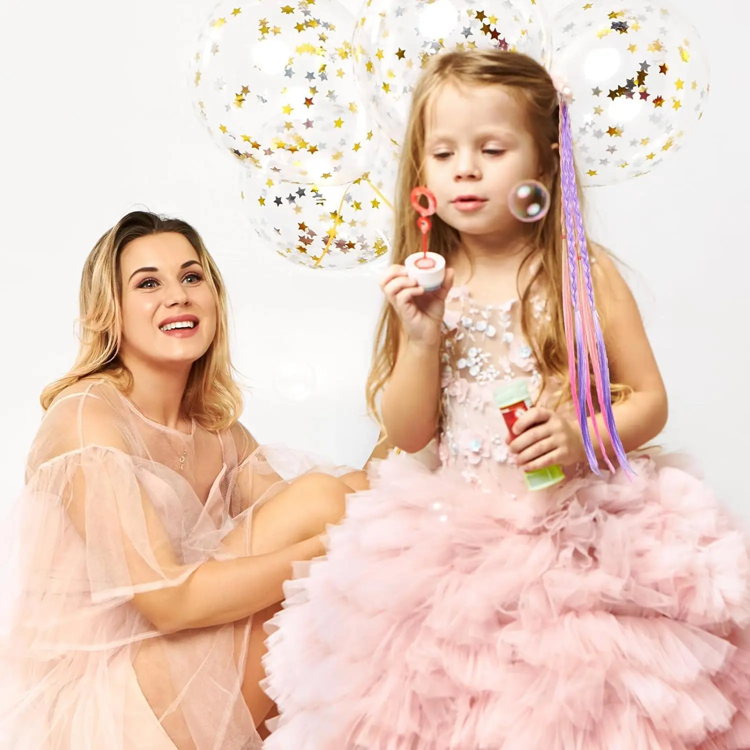 Set of 12 colorful braided hair extensions with elastic bands, perfect for adding a playful touch to kids' ponytails and cosplay hairstyles.