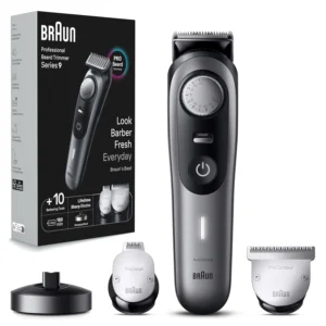 Braun Series 9 beard trimmer provides professional-grade grooming with precision control and long-lasting battery for men.