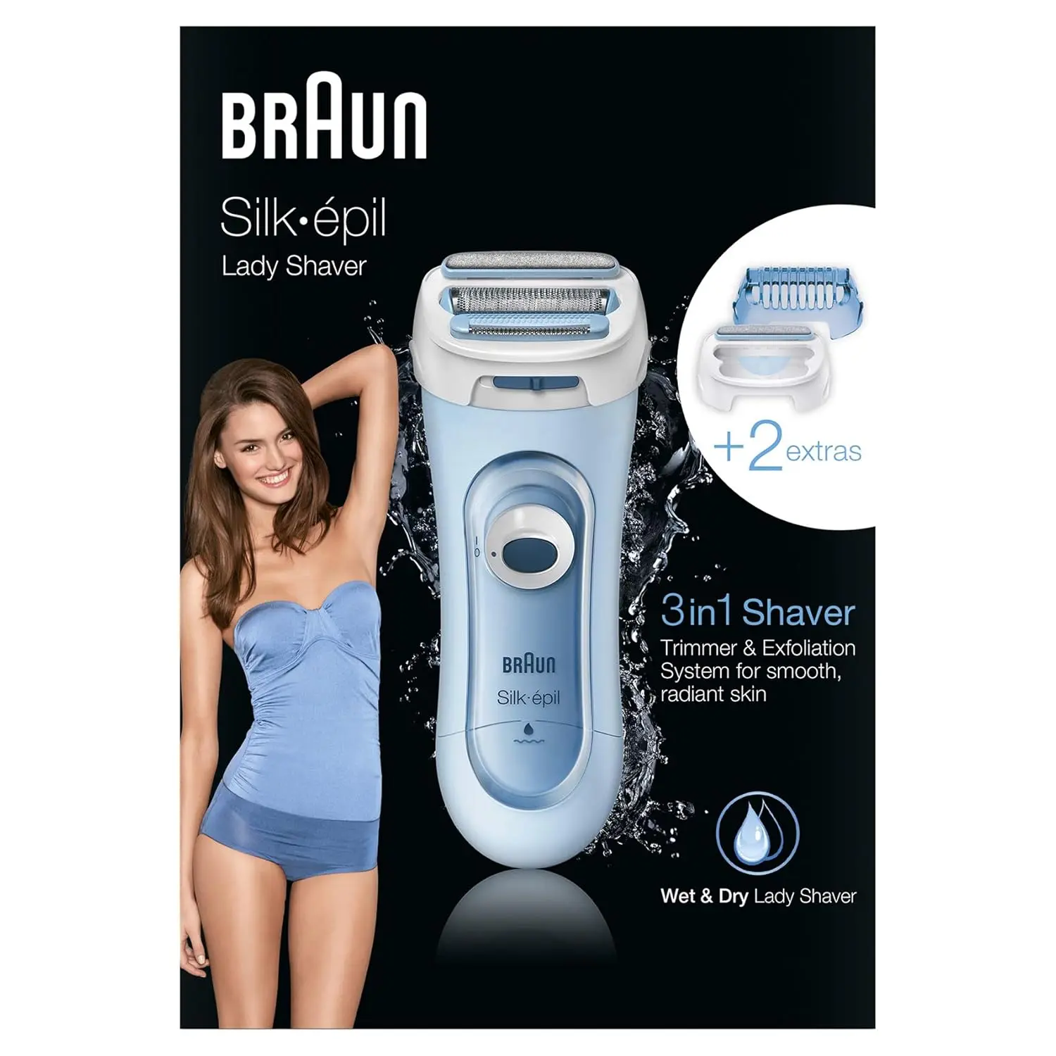 Cordless Braun Lady Shaver offers a close and comfortable shave with its floating foil, trimmer, and exfoliation attachments for use on legs, underarms, and bikini line in or out of the shower.