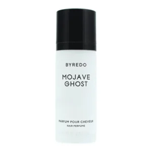 A 75ml bottle of Byredo Mojave Ghost hair perfume spray, featuring notes of ambrette, sapodilla, violet, sandalwood, and magnolia.