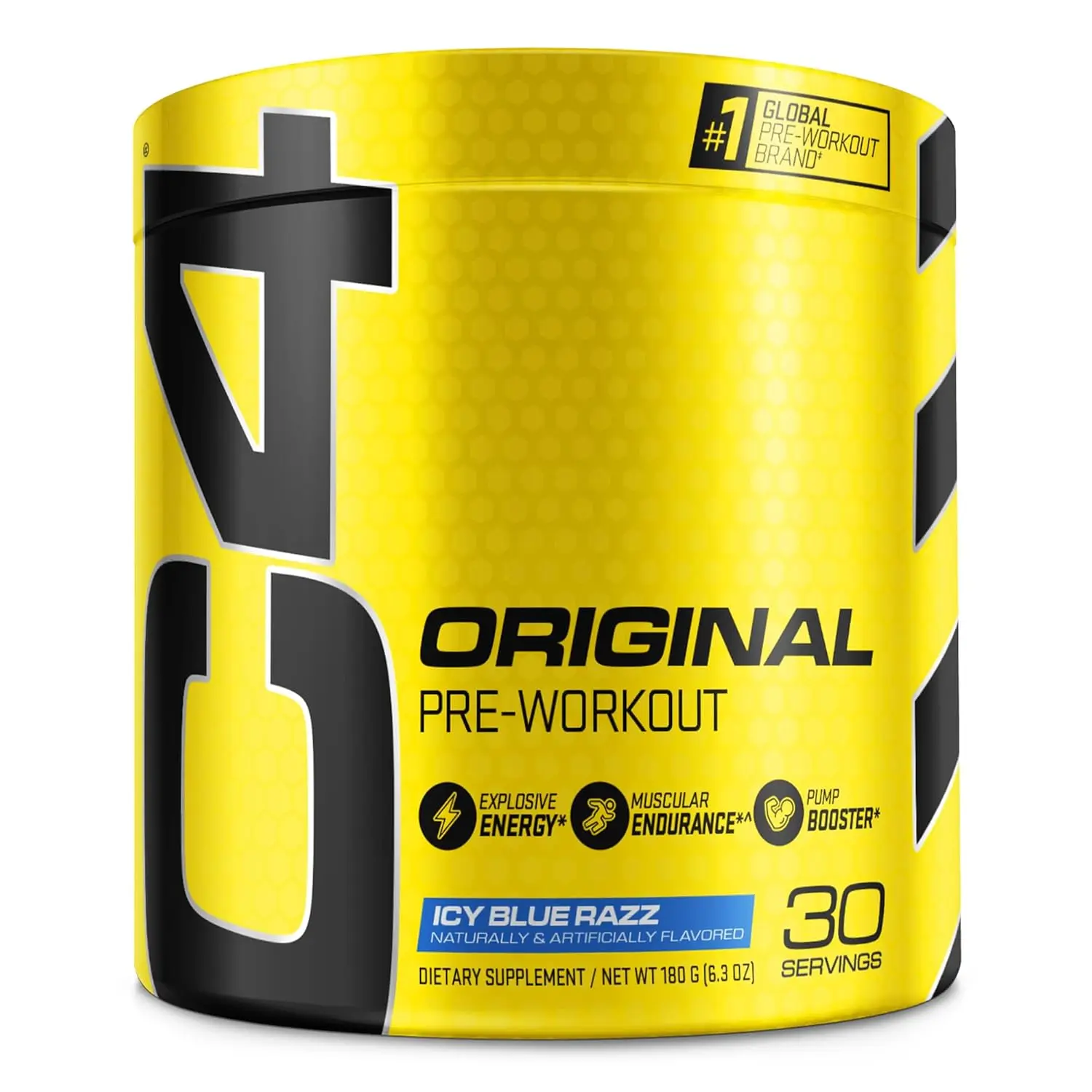 Cellucor C4 Original Icy Blue Raspberry pre-workout powder offers sugar-free energy with caffeine, beta-alanine, creatine, and vitamin C, formulated with care in hygienic packaging for both men and women.